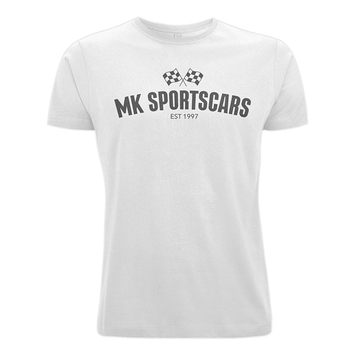 MK Sportscars Racing Flag T-Shirt White Black Print